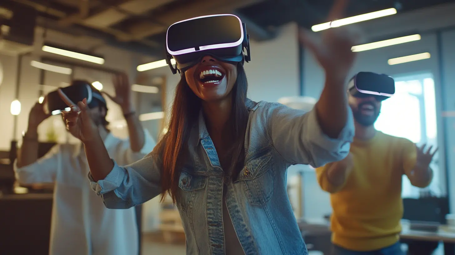 trois personne s'amusant en team building de réalité virtuelle