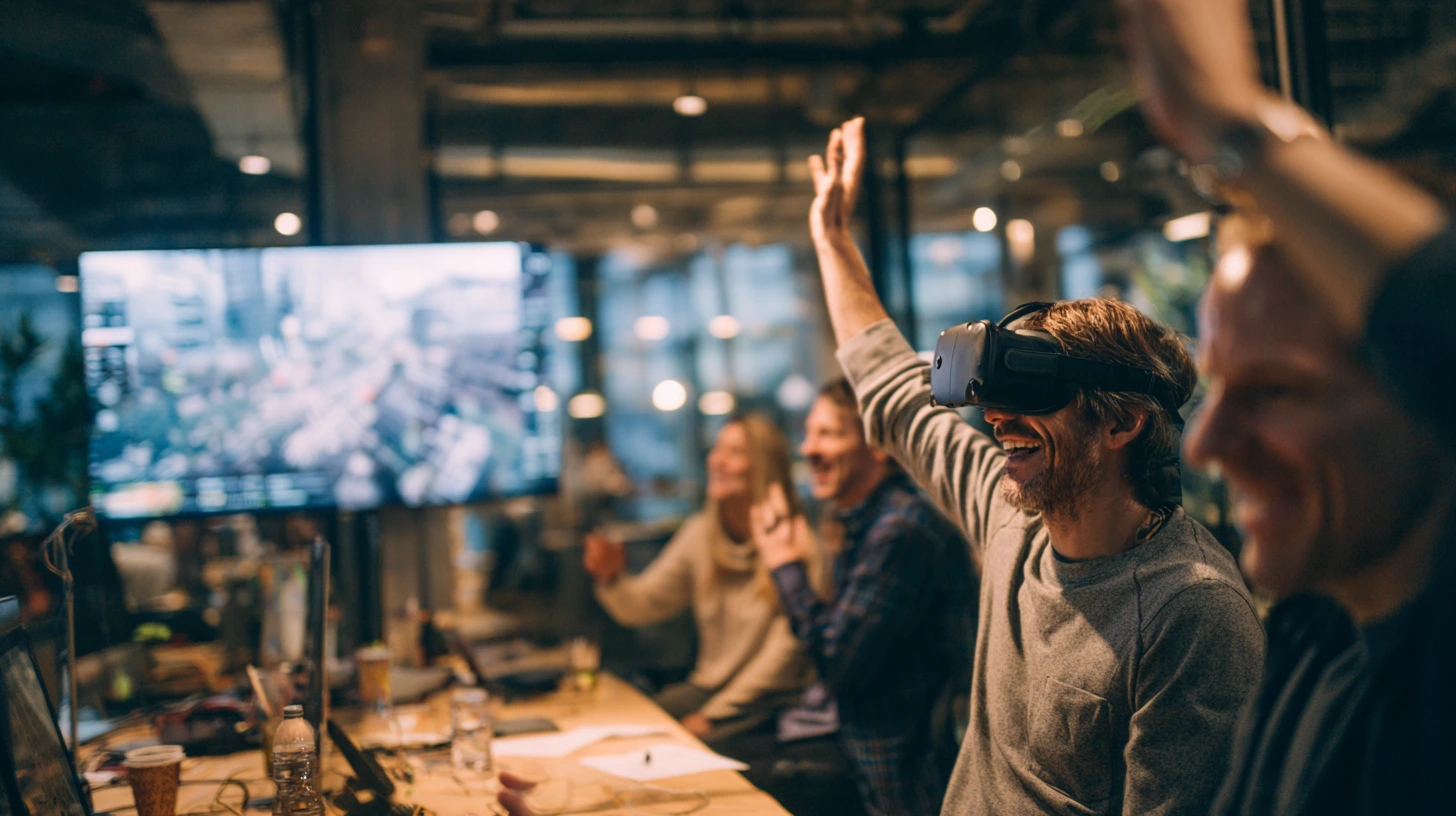 Collègues regardant une partie de team building VR retransmise sur écran