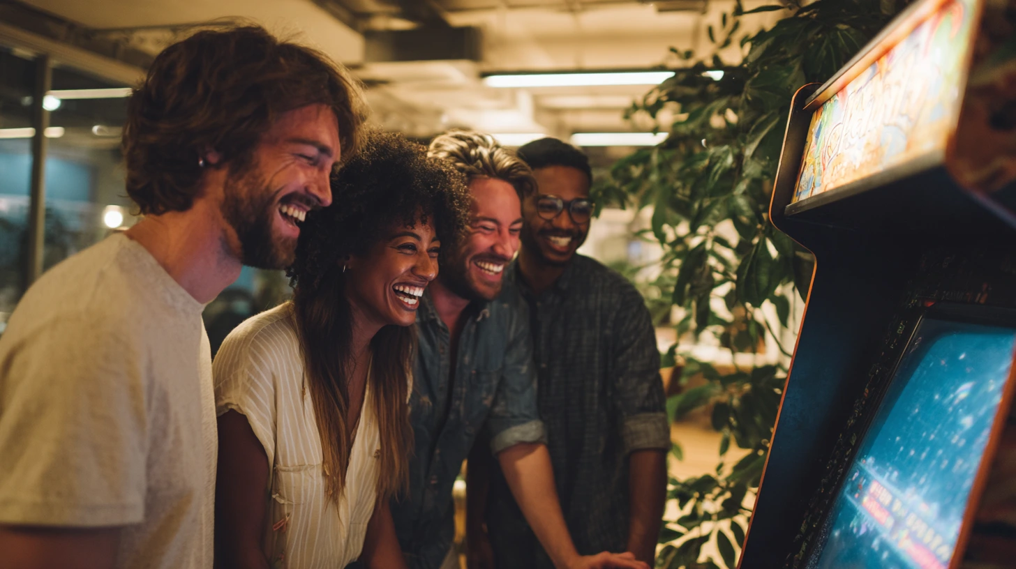 une équipe en team building, jouant en rétro gaming